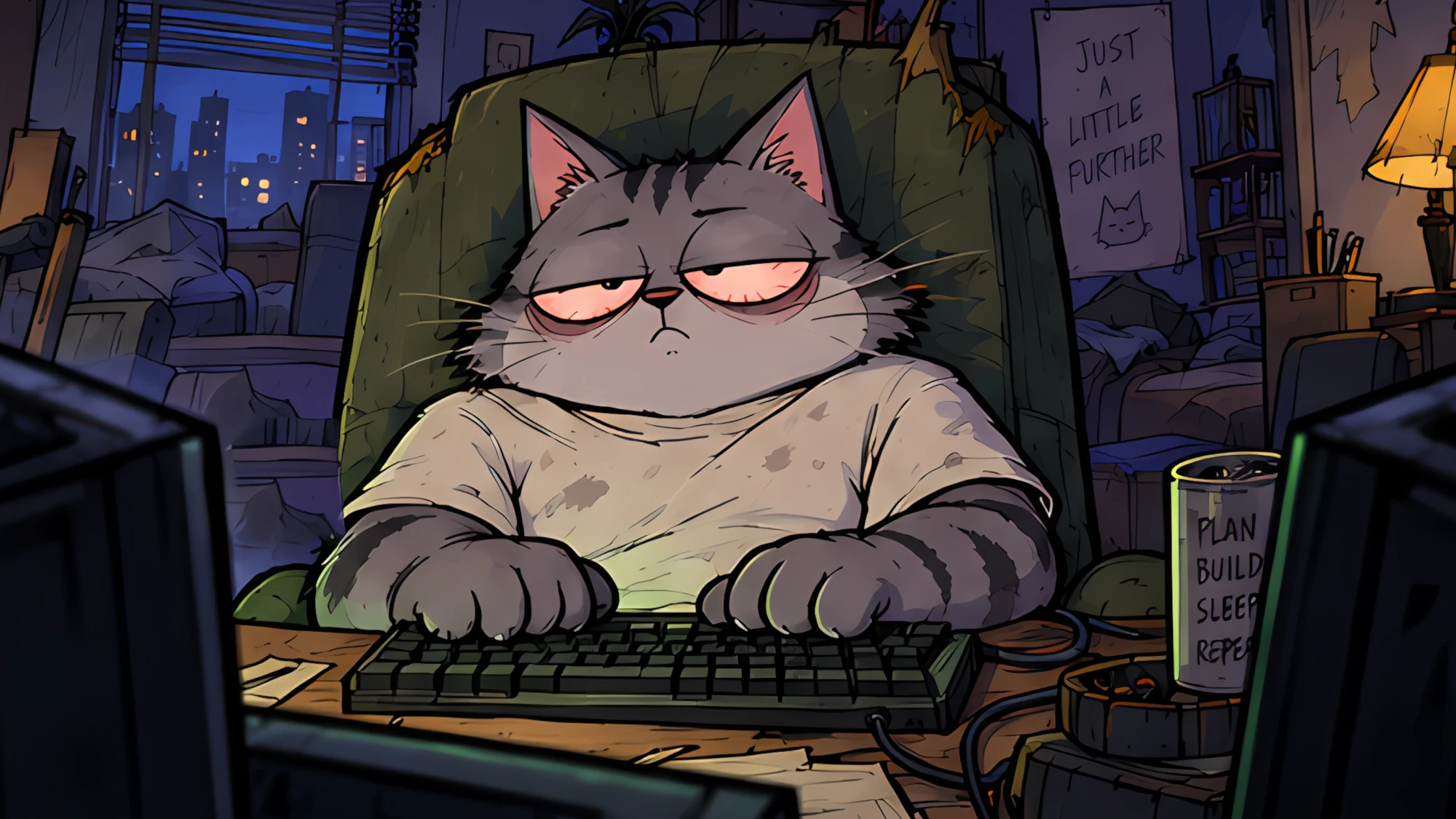 Our tired, red-eyed cat at the keyboard in a warmly lit late-night studio.