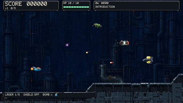 The player ship dodges enemy fire in a dark industrial corridor.